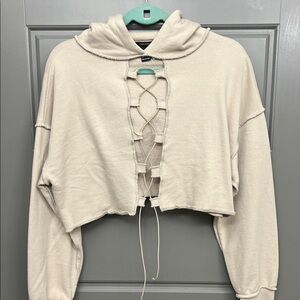 Forever 21 Cream Lace-Up Cropped Hoodie